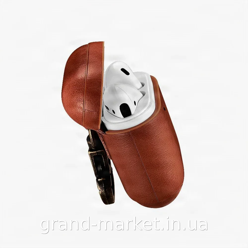 Чохол для AirPods 1 і 2 покоління iCarer Vintage шкіряний з карабіном на пояс, коричневий, виріз під зарядку
