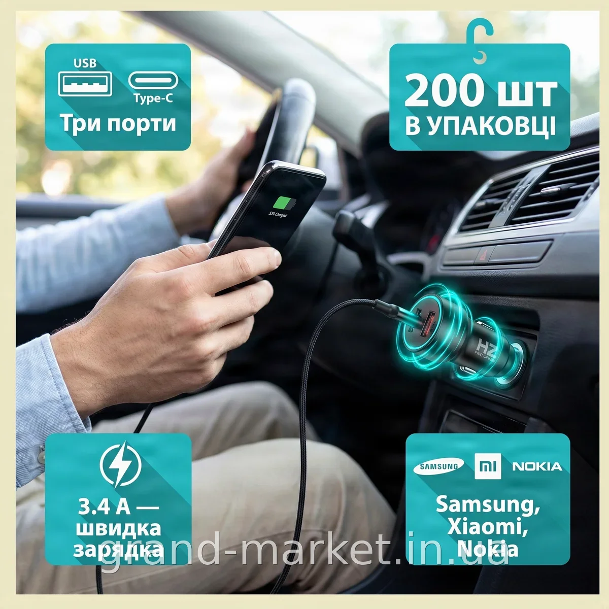 Автомобільний зарядний пристрій 2 USB Type C HC12, адаптер у прикурювач для телефону Samsung Xiaomi