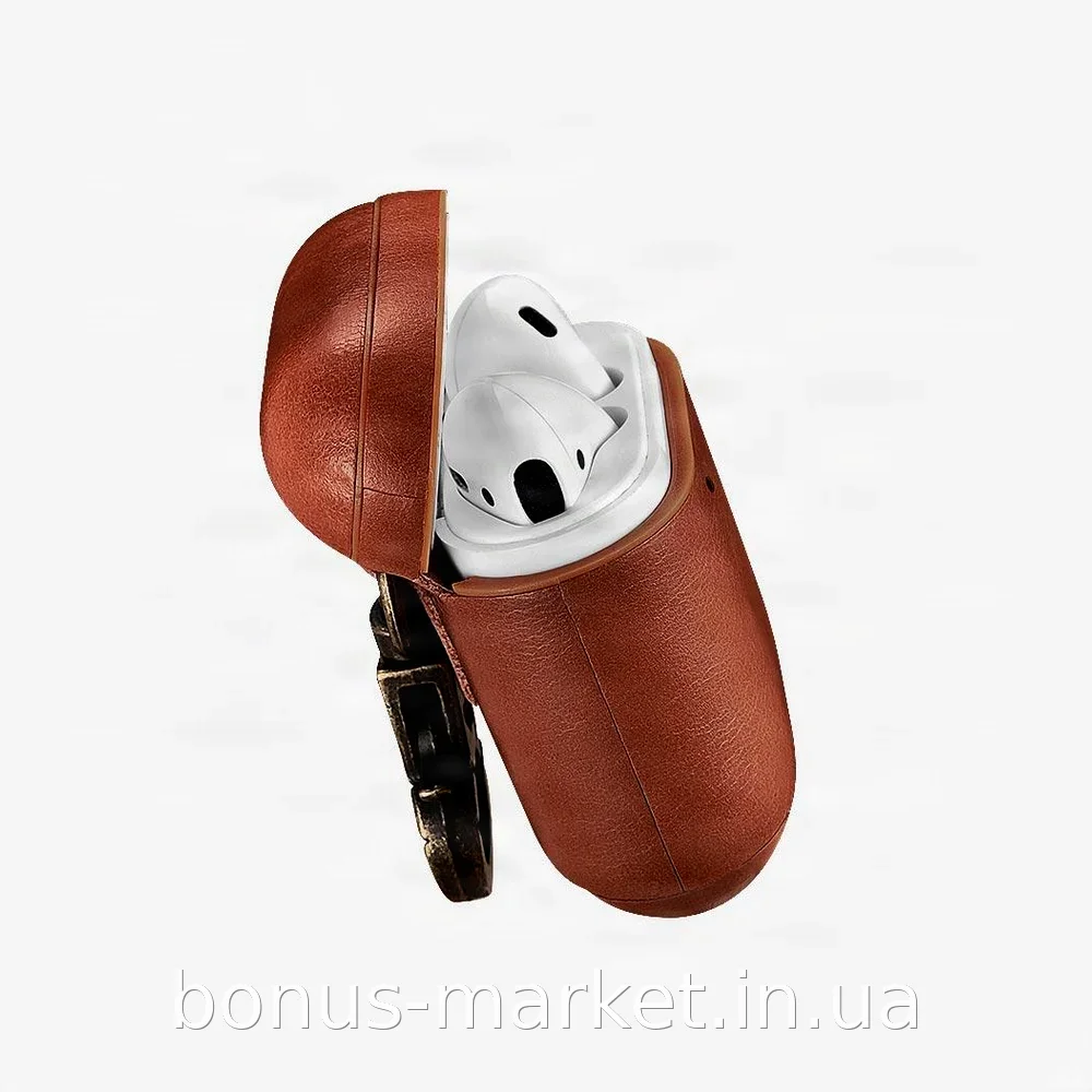 Кожаный чехол для наушников AirPods 1 и 2 поколения с карабином iCarer Vintage, зарядка без снятия чехла