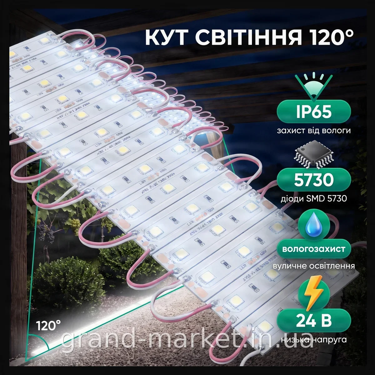 Светодиодная LED лента-пластина SMD 5730 20 шт 24 Вт синяя влагозащищенная IP65 для уличной подсветки и декора