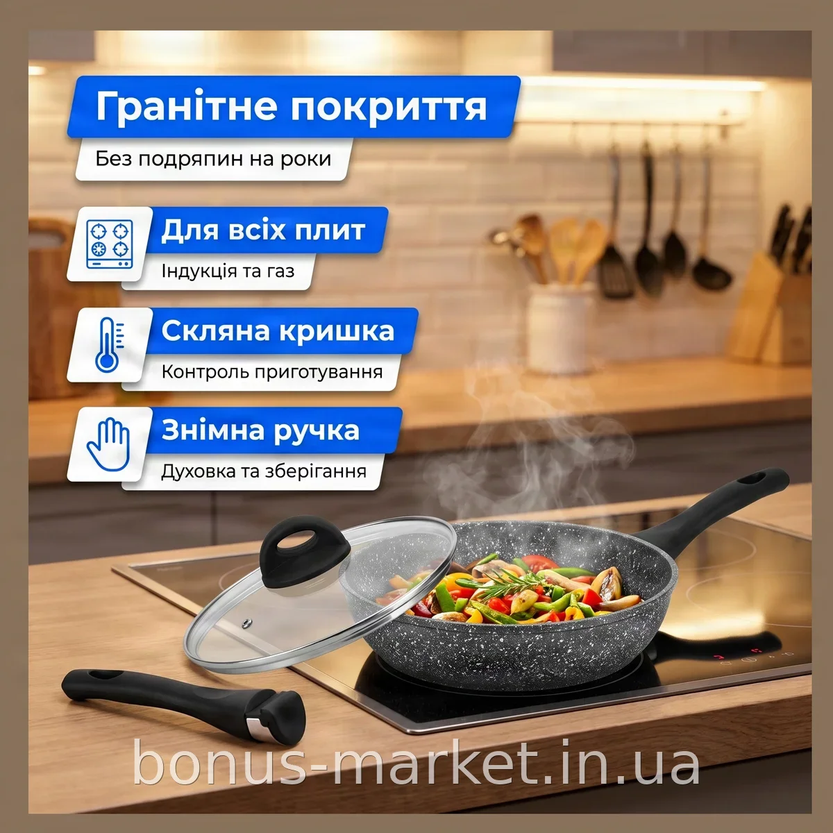 Сковорода 28 см с гранитным покрытием, стеклянной крышкой и съёмной ручкой для индукции Edenberg EB-3440