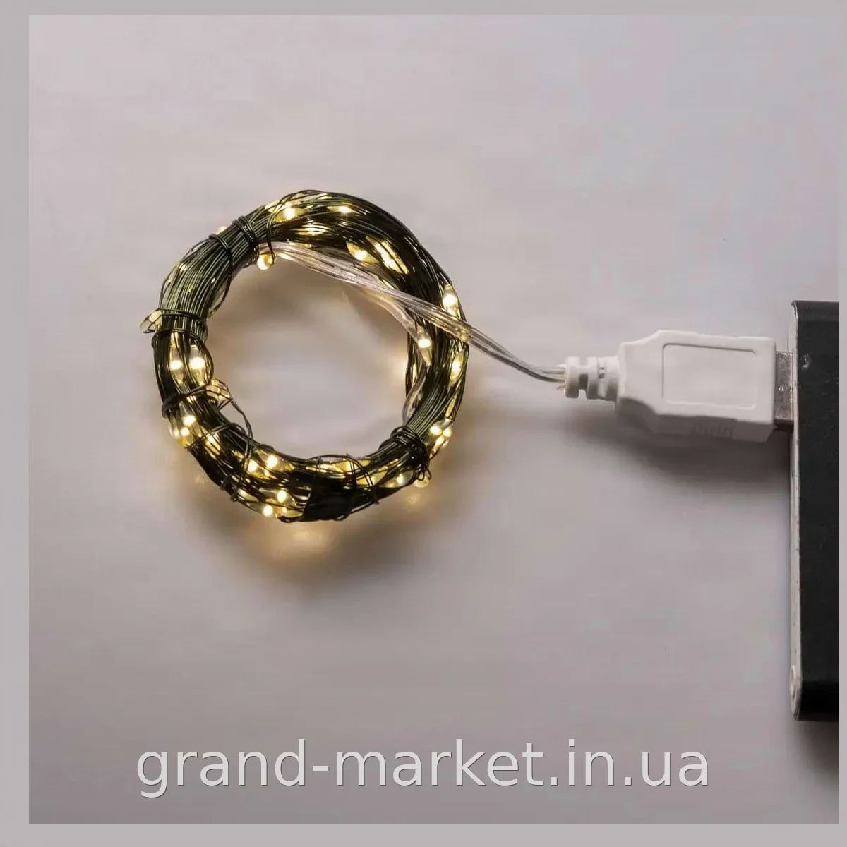 Гирлянда Роса 100 LED 10 м USB с желтым свечением, зелёный провод IP44 для интерьера, окон и улицы, AND 5335