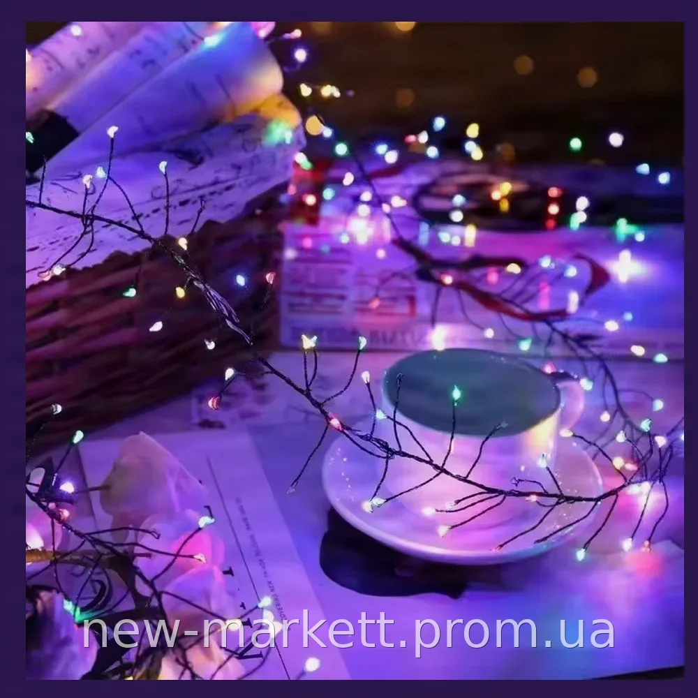 Гирлянда Роса Фейерверк светодиодная 100м 2000LED RGB разноцветная, от сети с пультом, зеленый провод