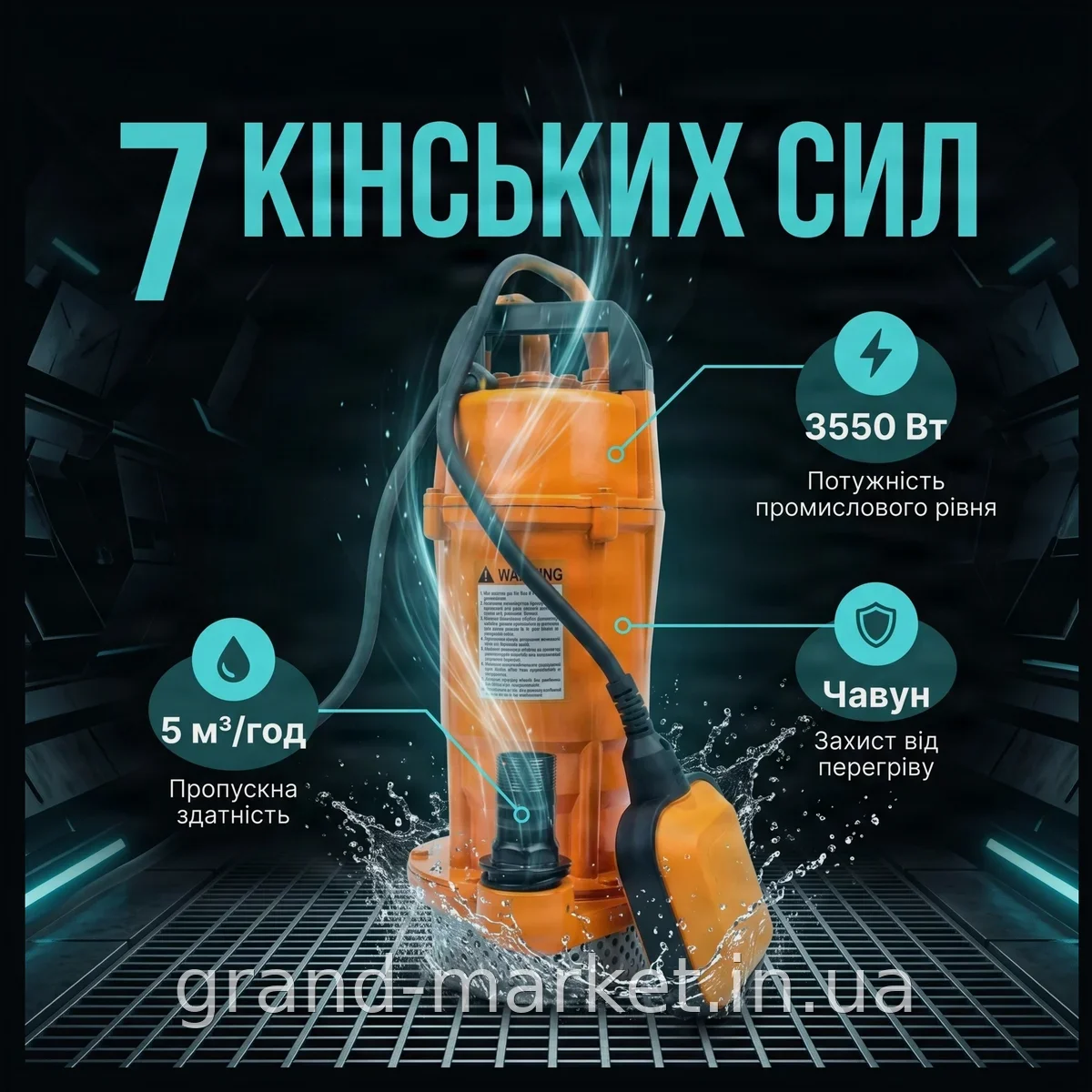 Потужний каналізаційний дренажно-фекальний насос 3550 Вт, 7 к.с., чавун, для брудної та чистої води до 5 метрів