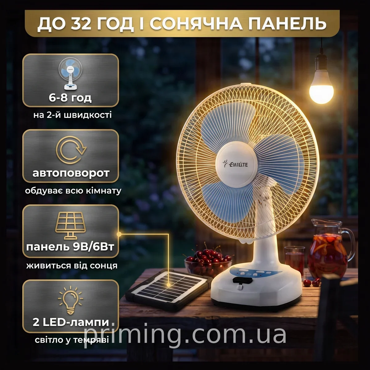 Портативний вентилятор SONALAS SL662 з сонячною панеллю, 2 LED лампами, акумулятором 4500 мАг та USB