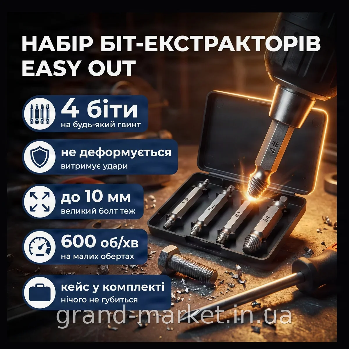 Набор бит экстракторов Easy Out для выкручивания сломанных шурупов и болтов, 4 шт в пластиковом кейсе