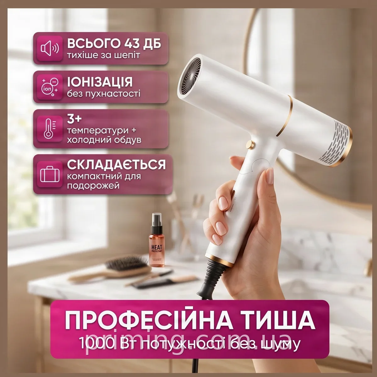 Профессиональный тихий фен для волос 1000 Вт с ионизацией, концентратором и складной ручкой для дома и салонов