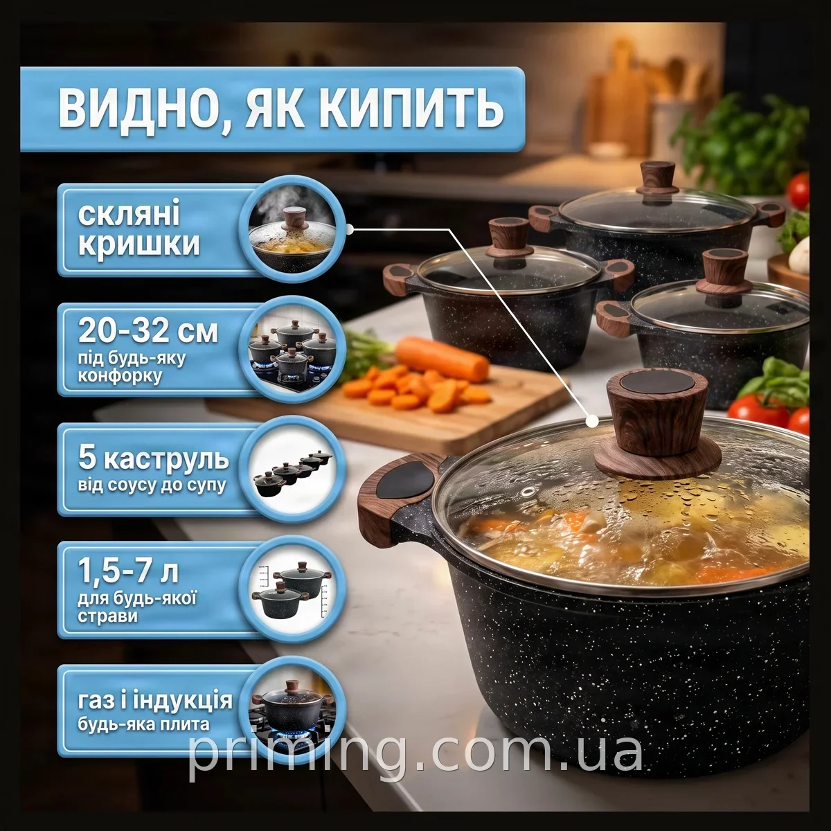 Набор стеклянных кастрюль DM-10 для газа и индукции 5 шт 1,5л 3л 5л 7л 2,5л со стеклянными крышками