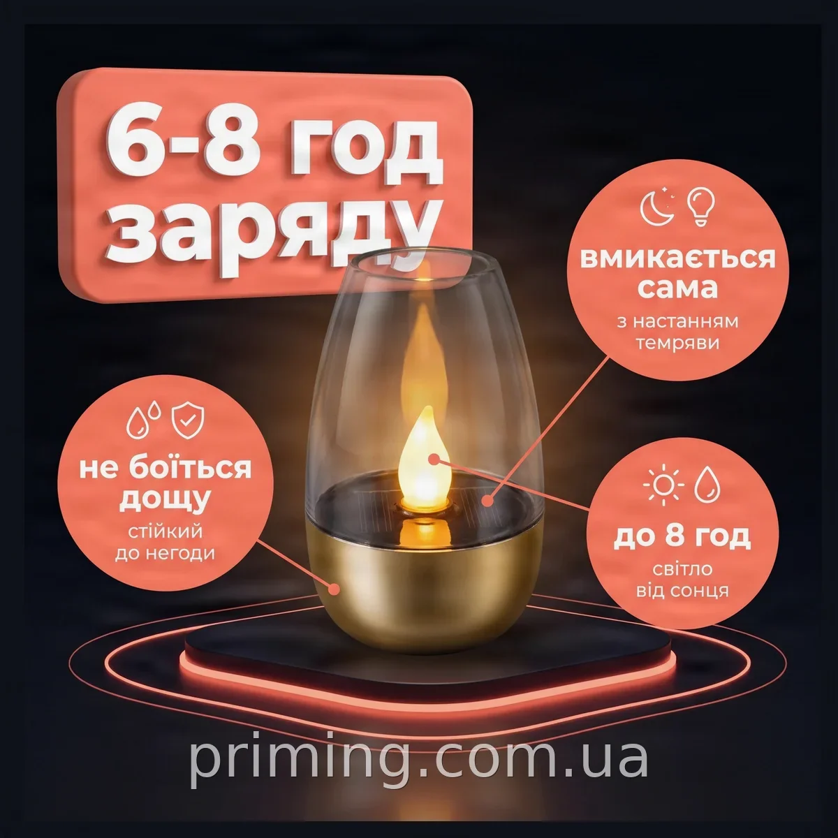 Сонячні свічки SL-060 з LED-підсвіткою, автоматичний акумуляторний світильник для саду та галявини, 6 штук
