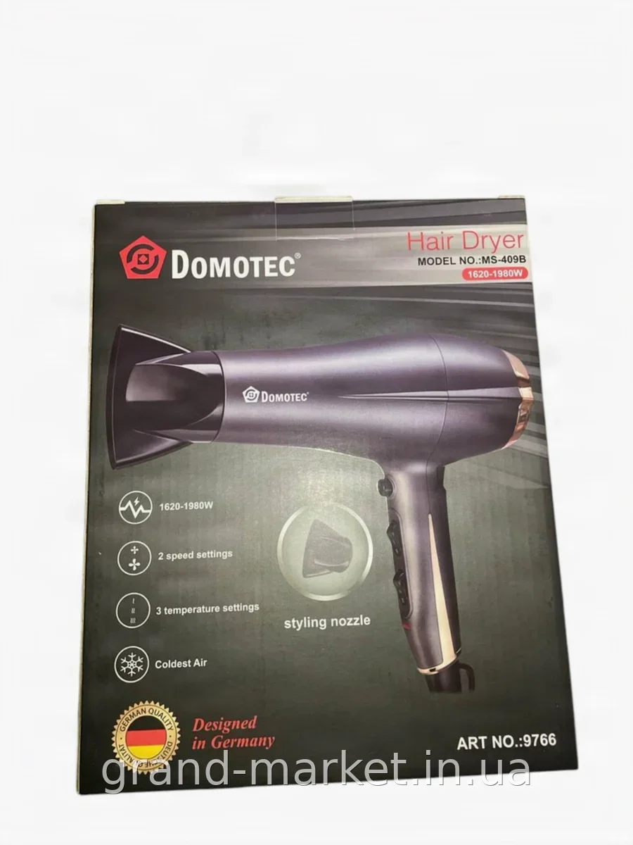 Фен для волос Domotec MS-409B 2000Вт с ионизацией, холодным обдувом, 2 скорости и 3 режима для дома