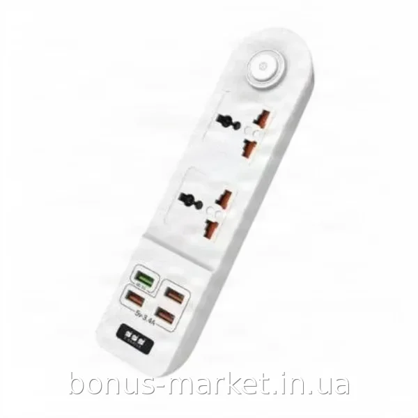 Сетевой удлинитель BKL-02 с 2 розетками и 4 USB 3.4А, белый, 2 м, антистатик, защита от перенапряжения