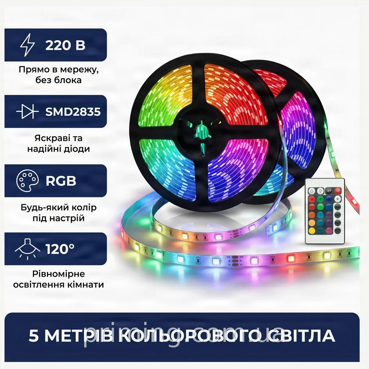 Світлодіодна стрічка LED 3528 RGB 5м, 60 шт/м, 300 діодів, з пультом і блоком 12V, вологозахист IP65, для дому