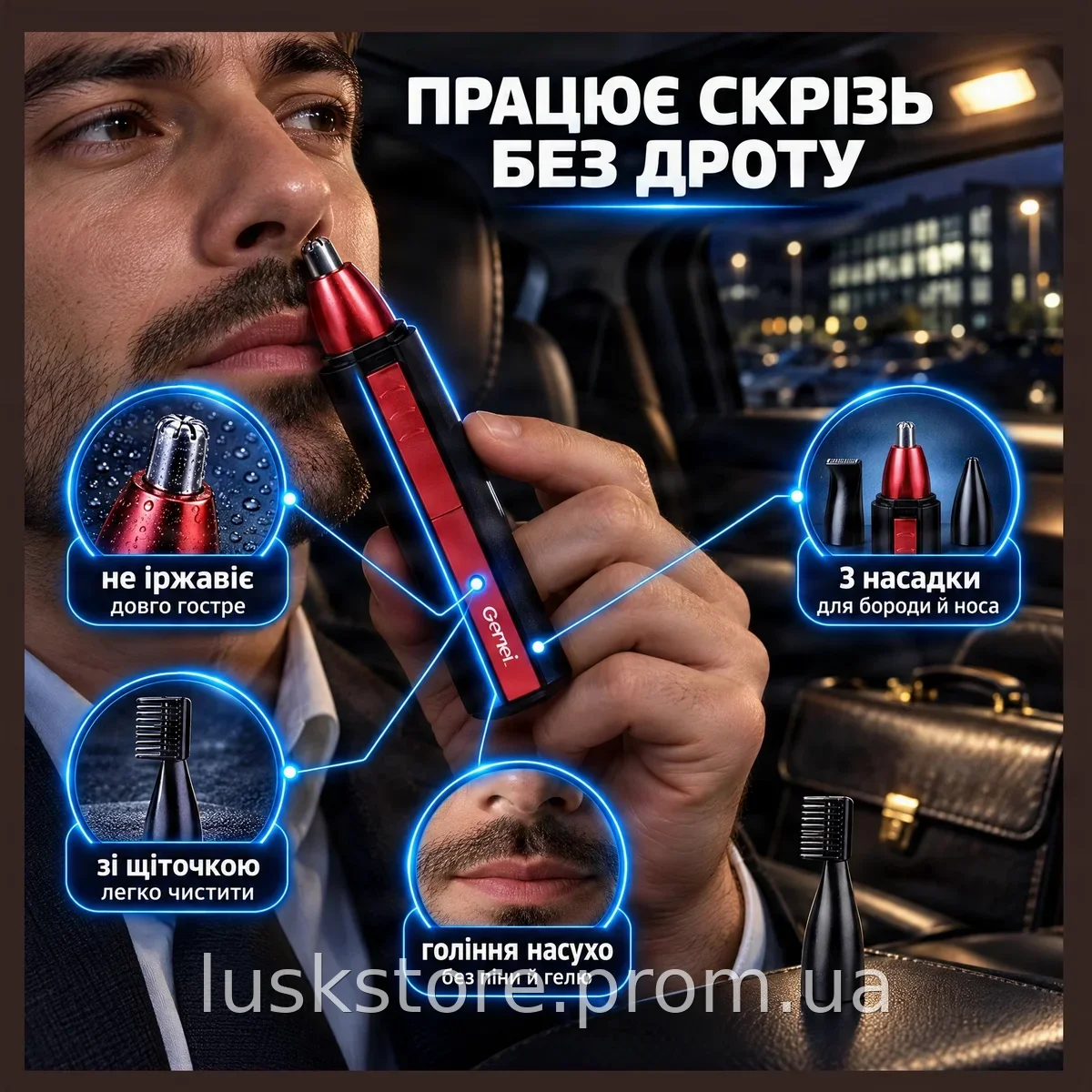 Триммер Gemei GM-3001 аккумуляторный беспроводной 2 насадки для стрижки волос бороды носа ушей и бритва