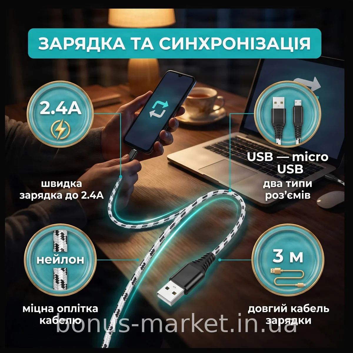 Кабель USB-Micro USB 3 м нейлоновая оплетка для зарядки и синхронизации телефона до 2.4A быстрая зарядка