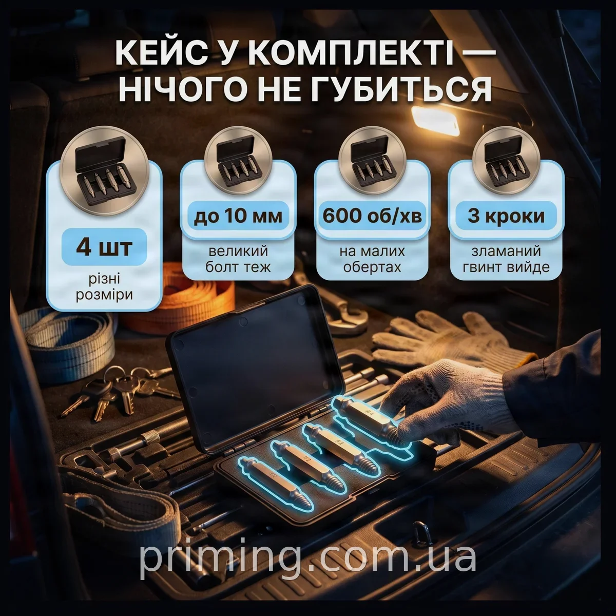Набор бит-экстракторов EASY OUT для выкручивания сломанных шурупов и болтов в пластиковом кейсе из стали