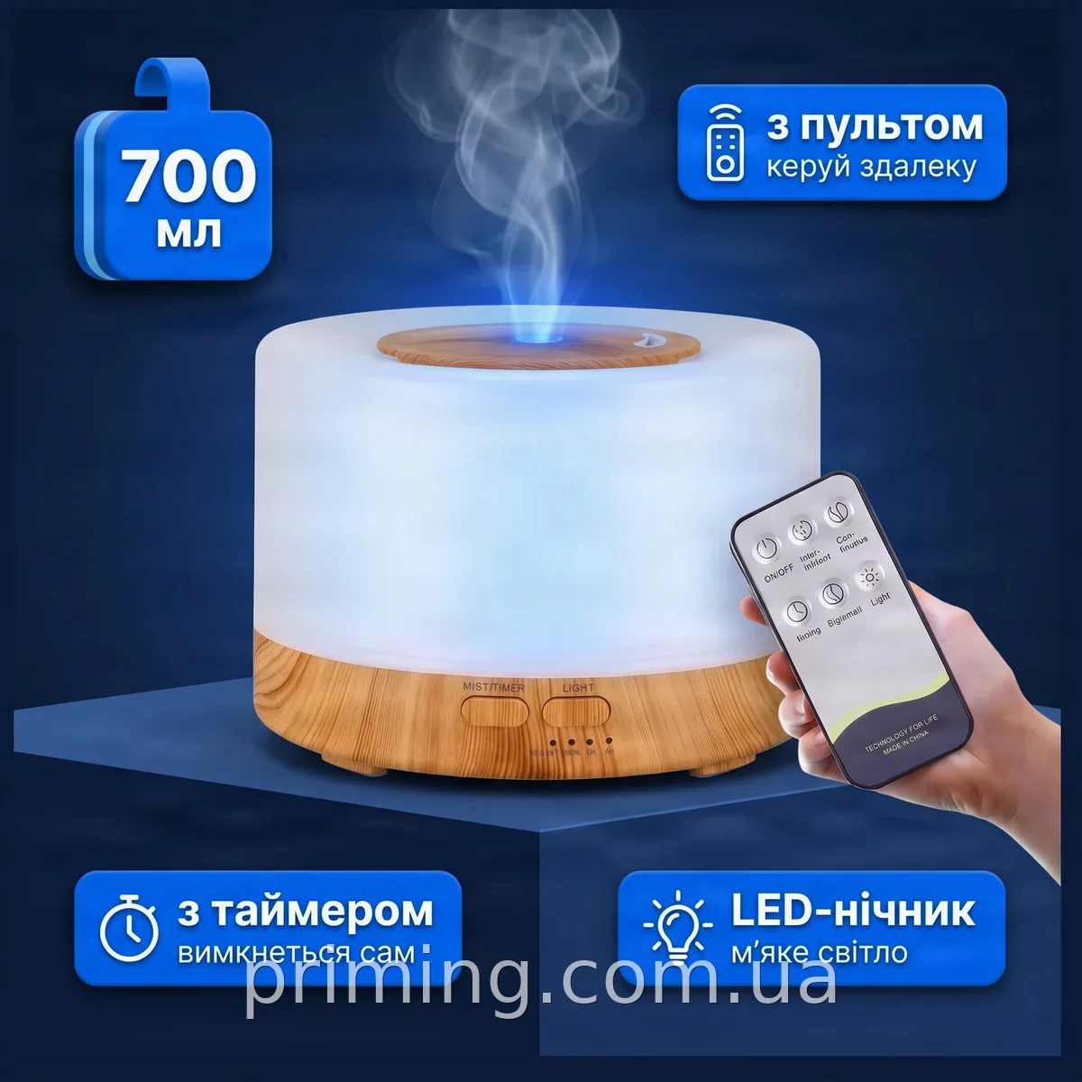 Зволожувач повітря 3в1: ультразвуковий, безшумний аромадифузор 700 мл, портативний LED-нічник для дому та офісу