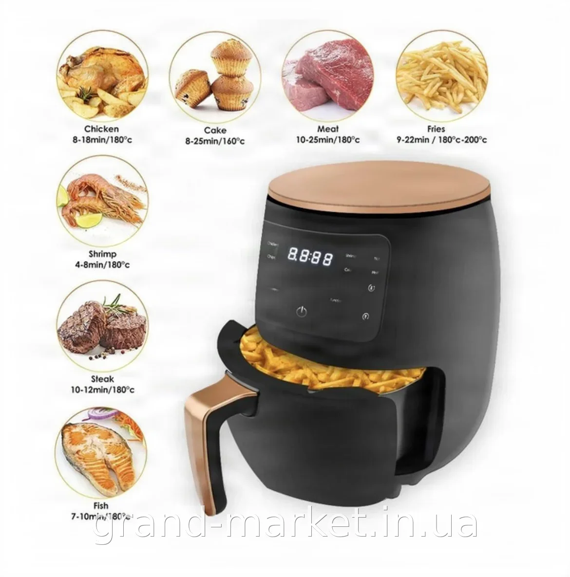 Аерогриль-фритюрниця Air Fryer 6л 2400 Вт з сенсорним дисплеєм і таймером для смаження без олії, чорний