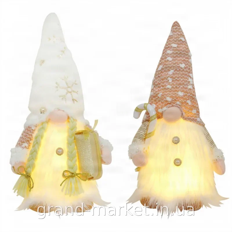 Скандинавский новогодний гном Winter Gold с LED-подсветкой 30 см, текстильная фигурка для праздничного декора