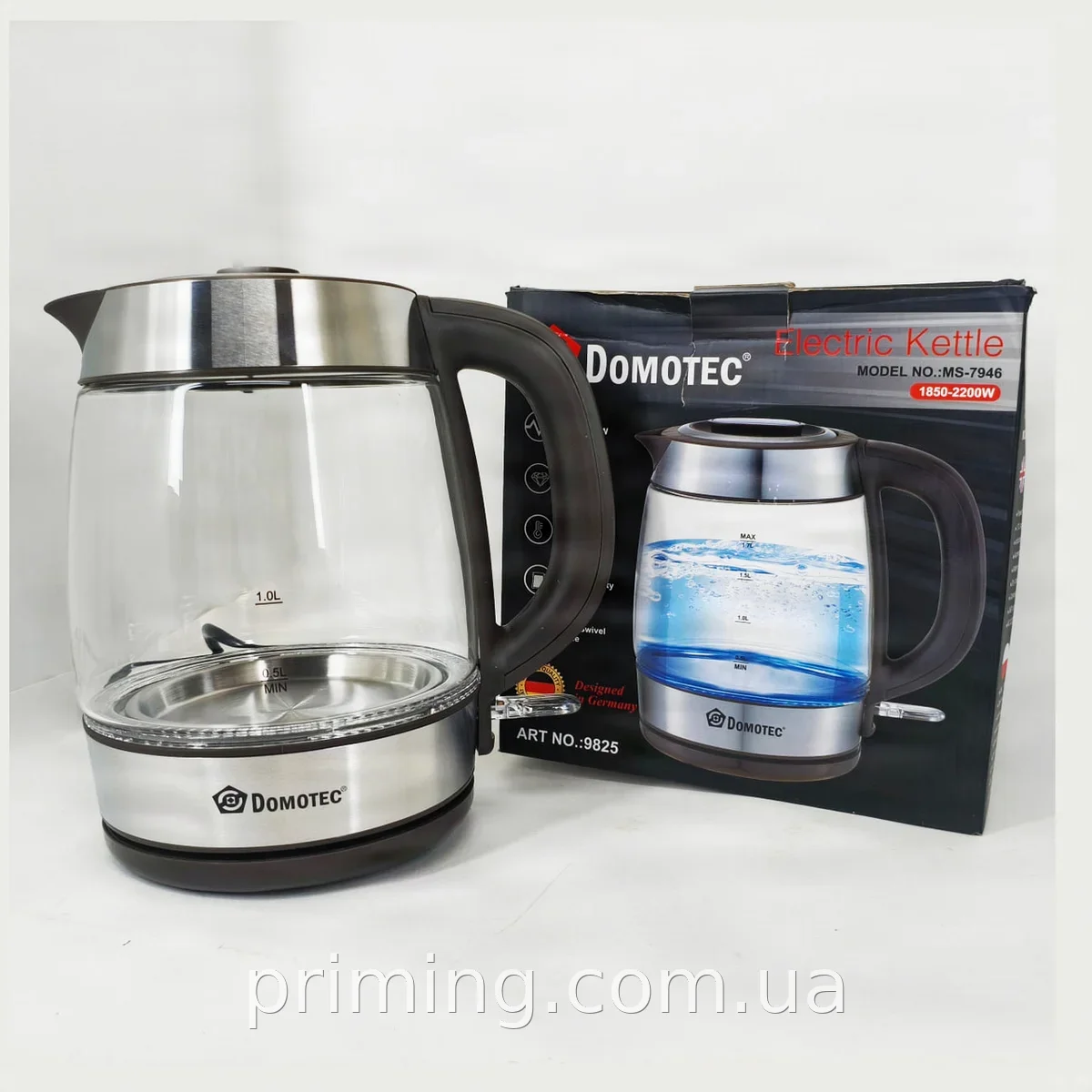 Электрический чайник Domotec MS-7946 стеклянный прозрачный 1,7 л, 2200 Вт, индикатор уровня воды