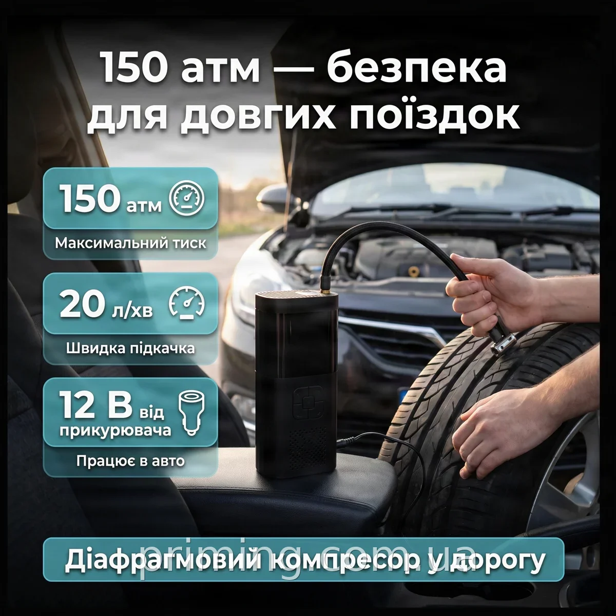 Автомобильный портативный компрессор 12 В, диафрагмовый насос 20 л/мин, макс. давление 150 PSI для накачки шин