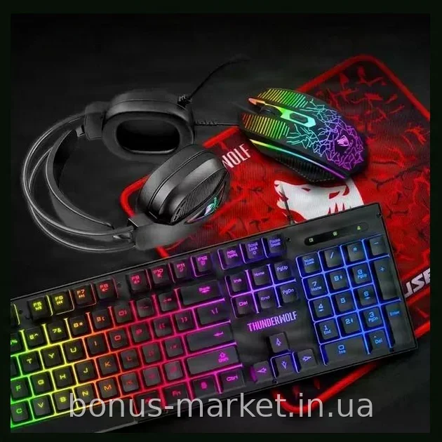 Игровой набор 4-в-1 T-Wolf TF-400, RGB клавиатура, мышь, наушники и коврик, проводной для ПК и ноутбука