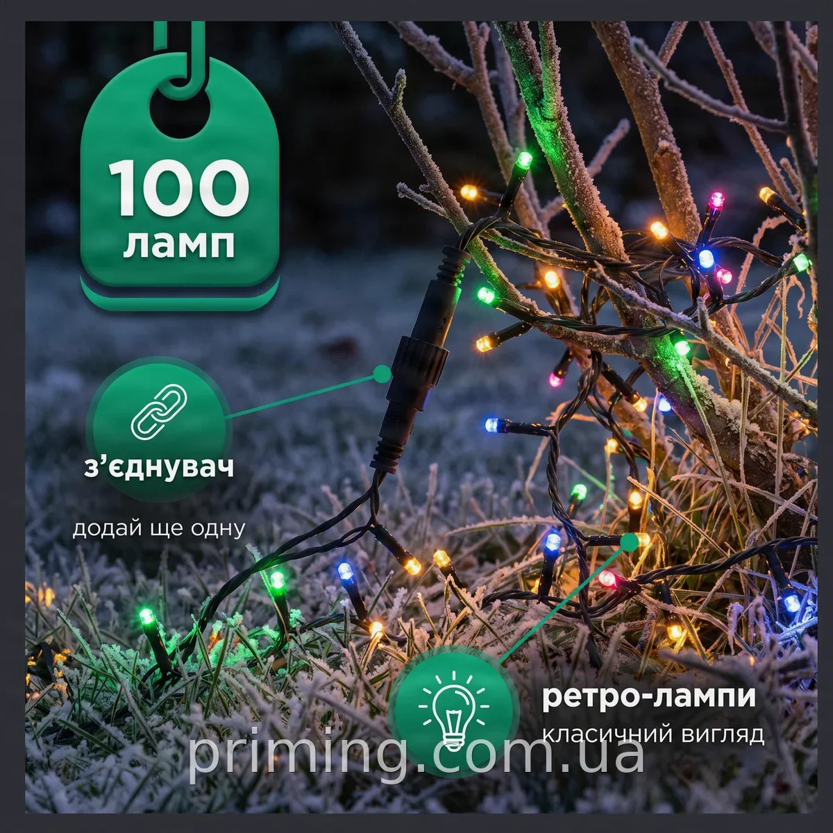 Светодиодная уличная гирлянда Xmas LED 100L 3.3 Line M-2 10 м, разноцветная RGB на 220 В, черный провод