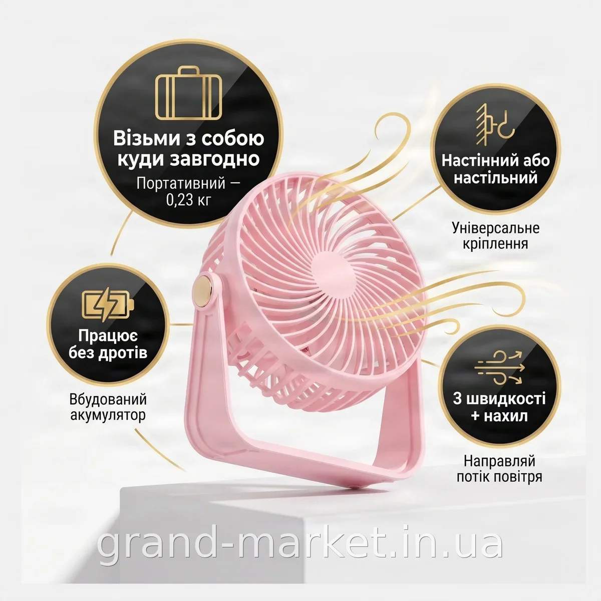 Акумуляторний вентилятор Wall Mounted Fan AND-1261 настільний настінний для дому, 3 швидкості, рожевий