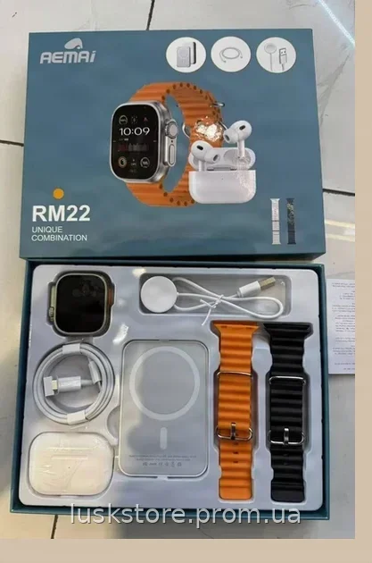 Смарт часы Smart Watch RM22 с наушниками, беспроводной зарядкой и двумя сменными ремешками в белом цвете