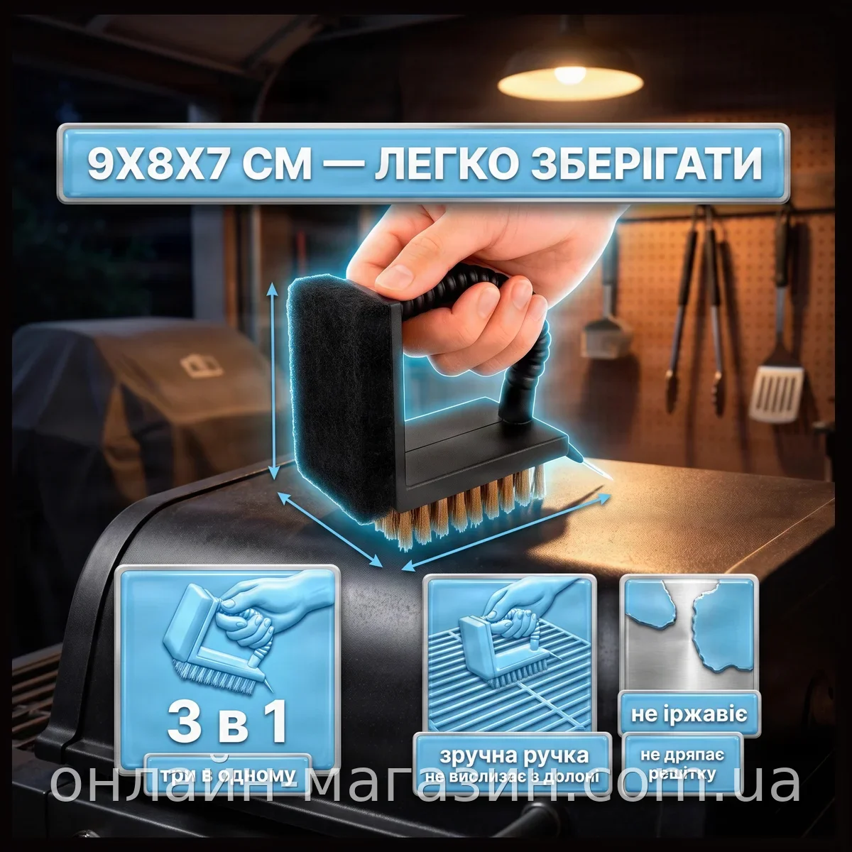 Щетка для гриля 3в1 со скребком и губкой, компактная для чистки мангала и барбекю, черная CD-15A