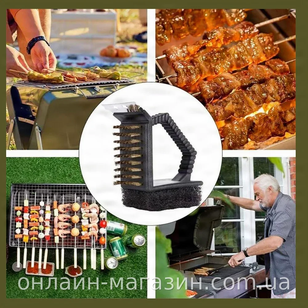 Щетка для гриля 3в1 со скребком и губкой, компактная для чистки мангала и барбекю, черная CD-15A