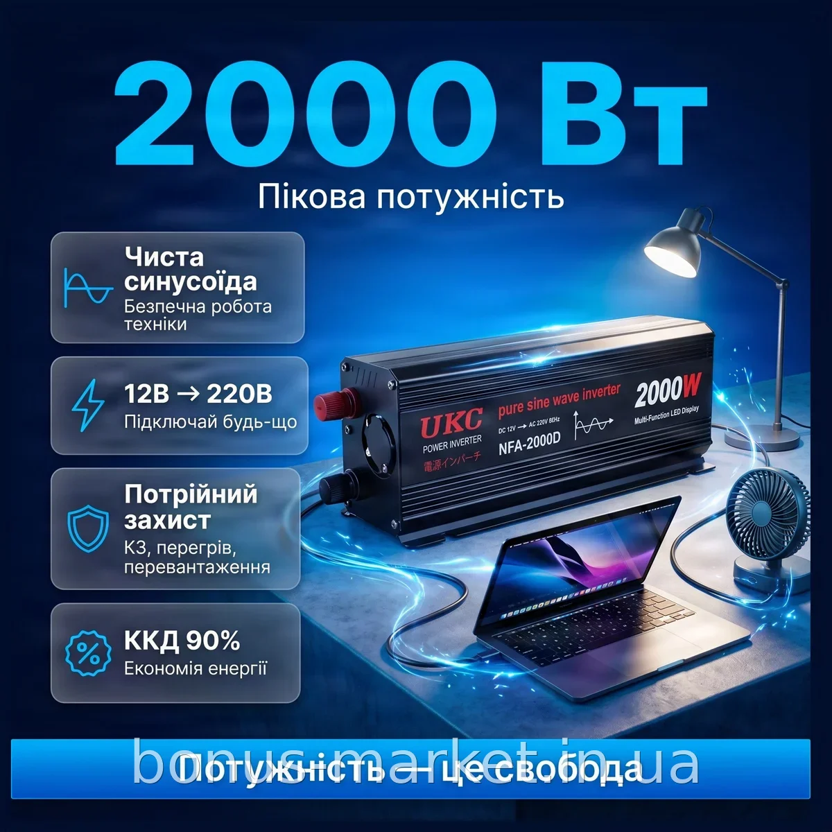 Инвертор синусоидальный AC/DC Sine 2000W 12V-220V, преобразователь напряжения с чистой синусоидой, защита
