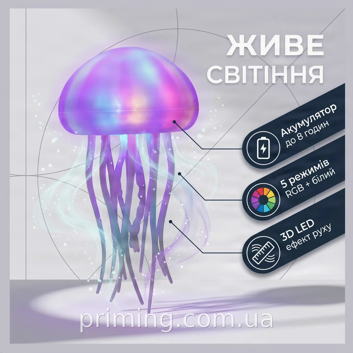 Светильник-ночник Медуза аккумуляторный с RGB подсветкой 3D LED лампа с эффектом живого движения 5 режимов