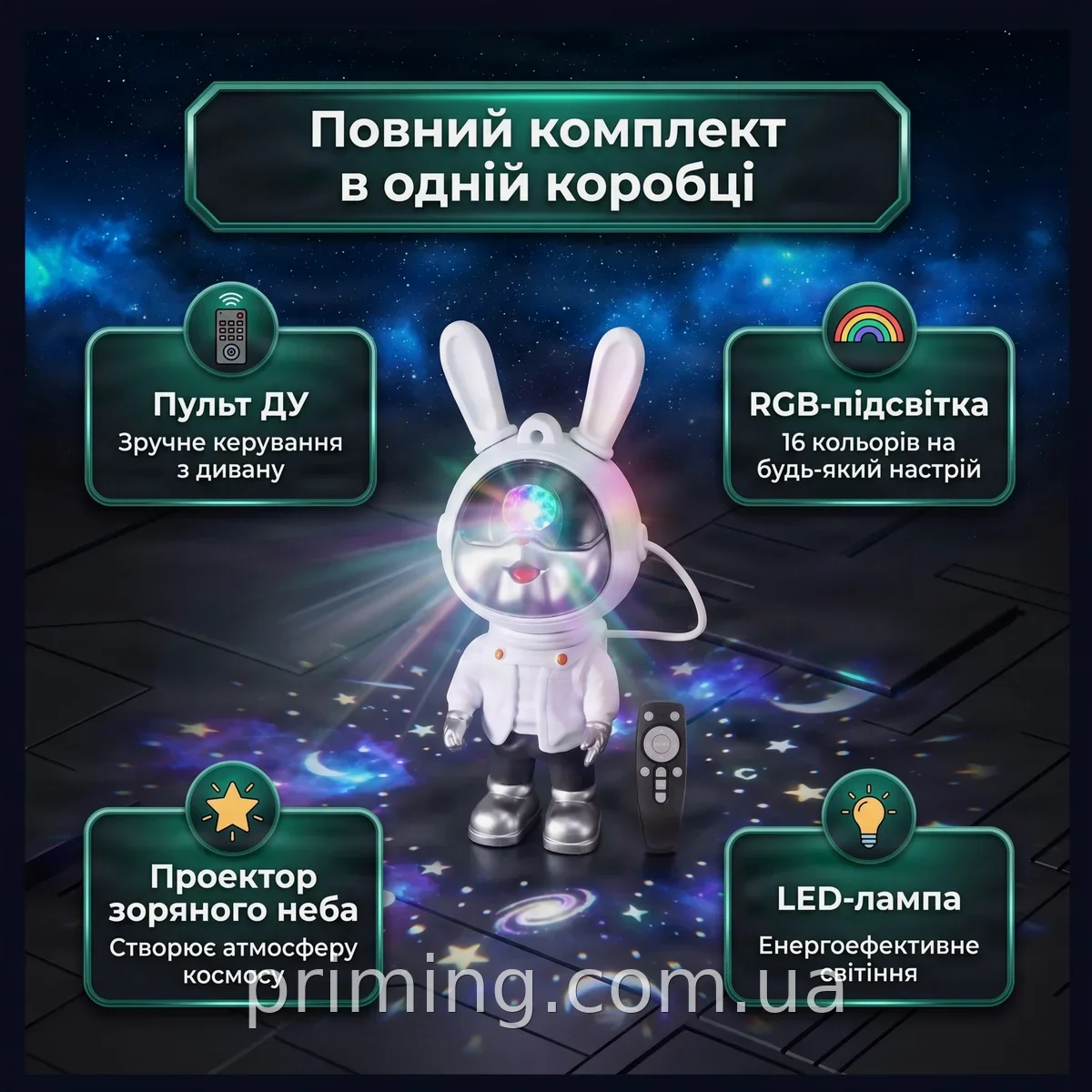 Ночник-проектор звездного неба Moon Bunny, светодиодный кролик-космонавт с пультом ДУ, RGB-подсветка