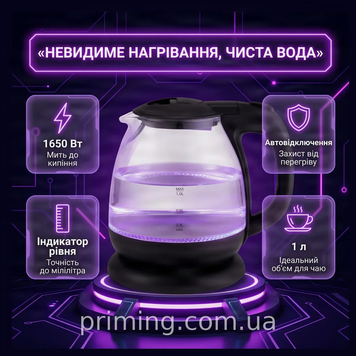 Стеклянный электрочайник с подсветкой 1 л 1650 Вт дисковый нагреватель автоотключение индикация воды MS 7910