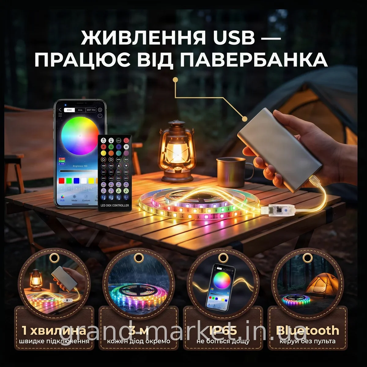 Світлодіодна LED гірлянда 3 м Bluetooth керування з додатку, захист IP65, програмовані лампи для вулиці