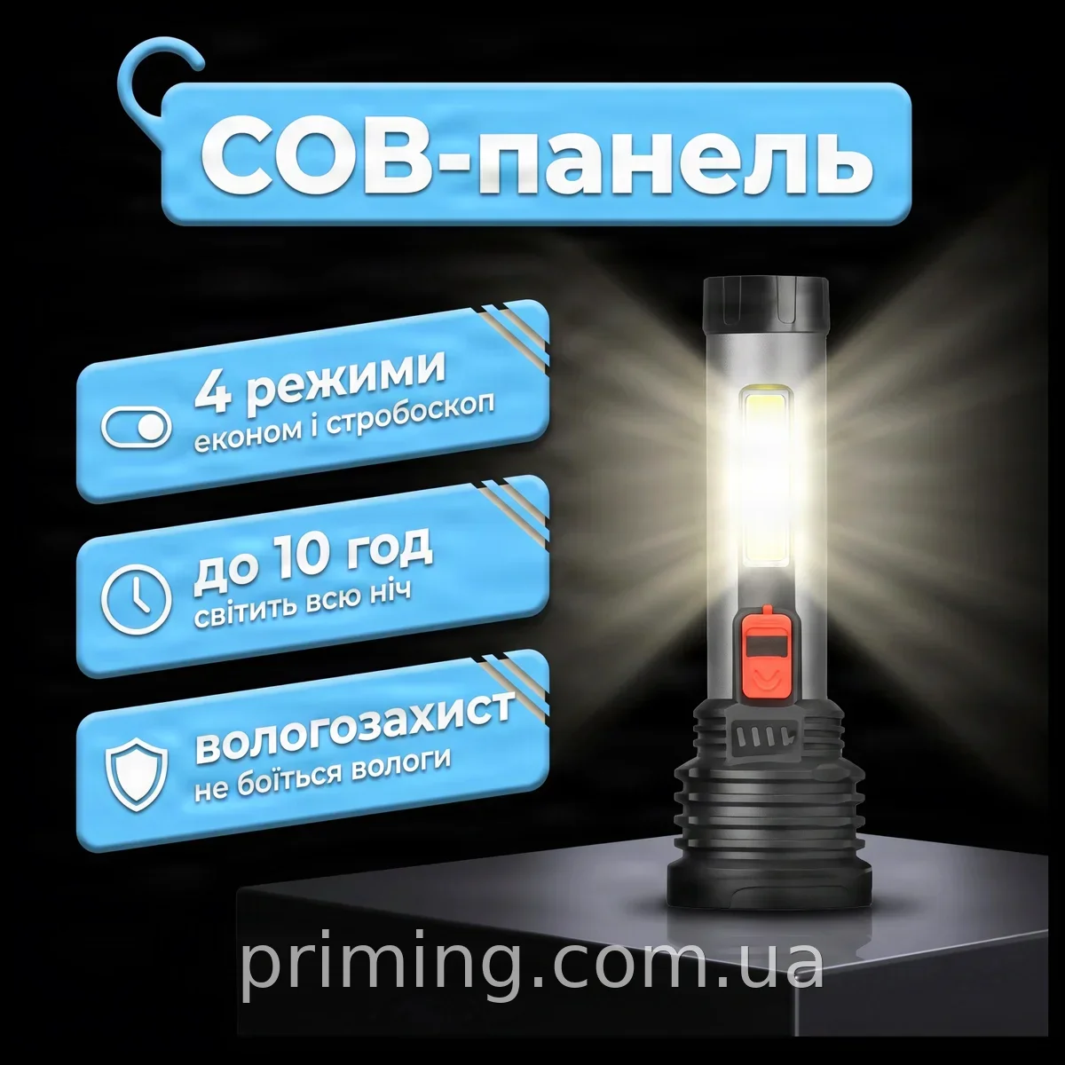Аккумуляторный ручной фонарь COBA CB-C60 COB 1000 лм серый, влагостойкий, противоударный, USB зарядка