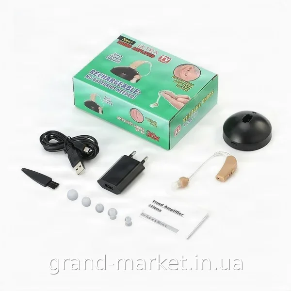 Акумуляторний завушний слуховий апарат Ultra Sound Amplifier цифровий 30 дБ 100-4000 Гц, бежевий, USB