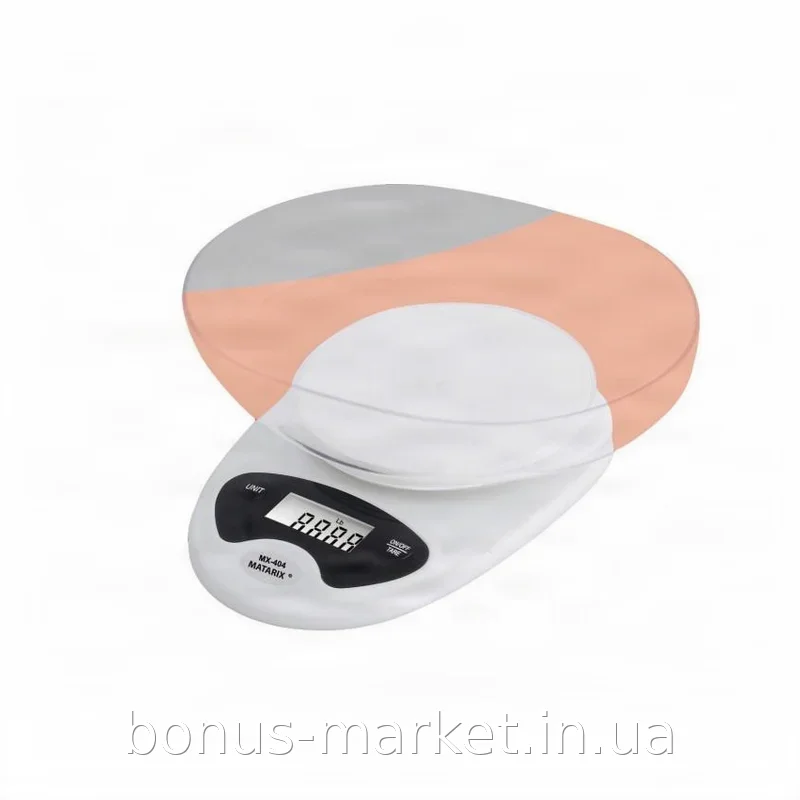 Электронные кухонные весы Matarix MX-404 до 7 кг с чашей, точность 1 г, ЖК-дисплей, автоотключение, белые