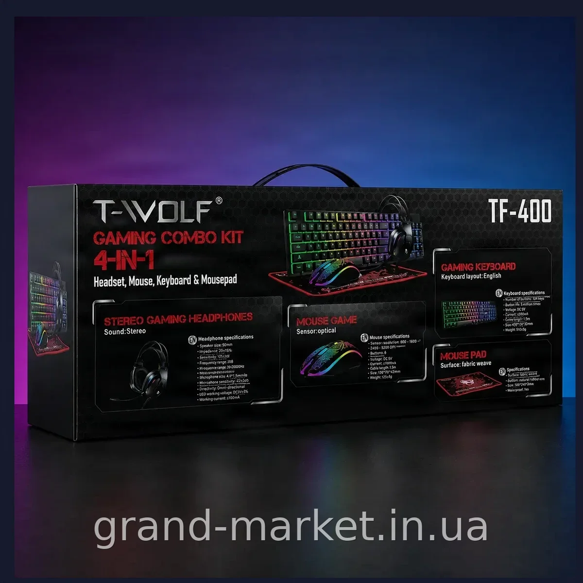 Игровой комплект 4-в-1 T-Wolf TF-400 черный RGB клавиатура, мышь, наушники, коврик проводные USB для ПК