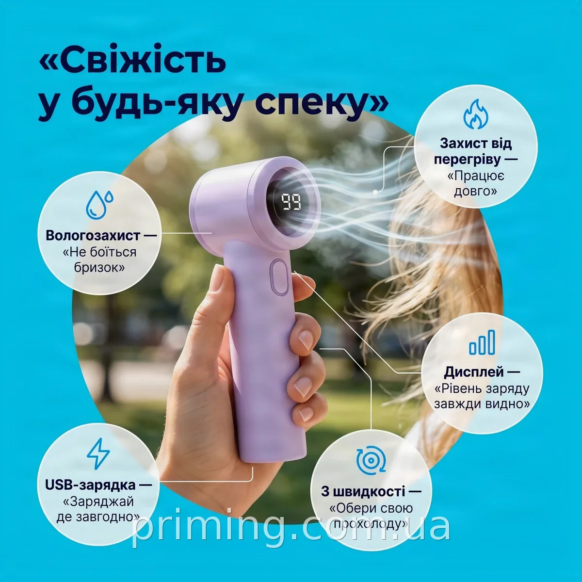 Портативный ручной вентилятор T236 аккумуляторный USB с дисплеем и 3 скоростями для охлаждения дома и улицы