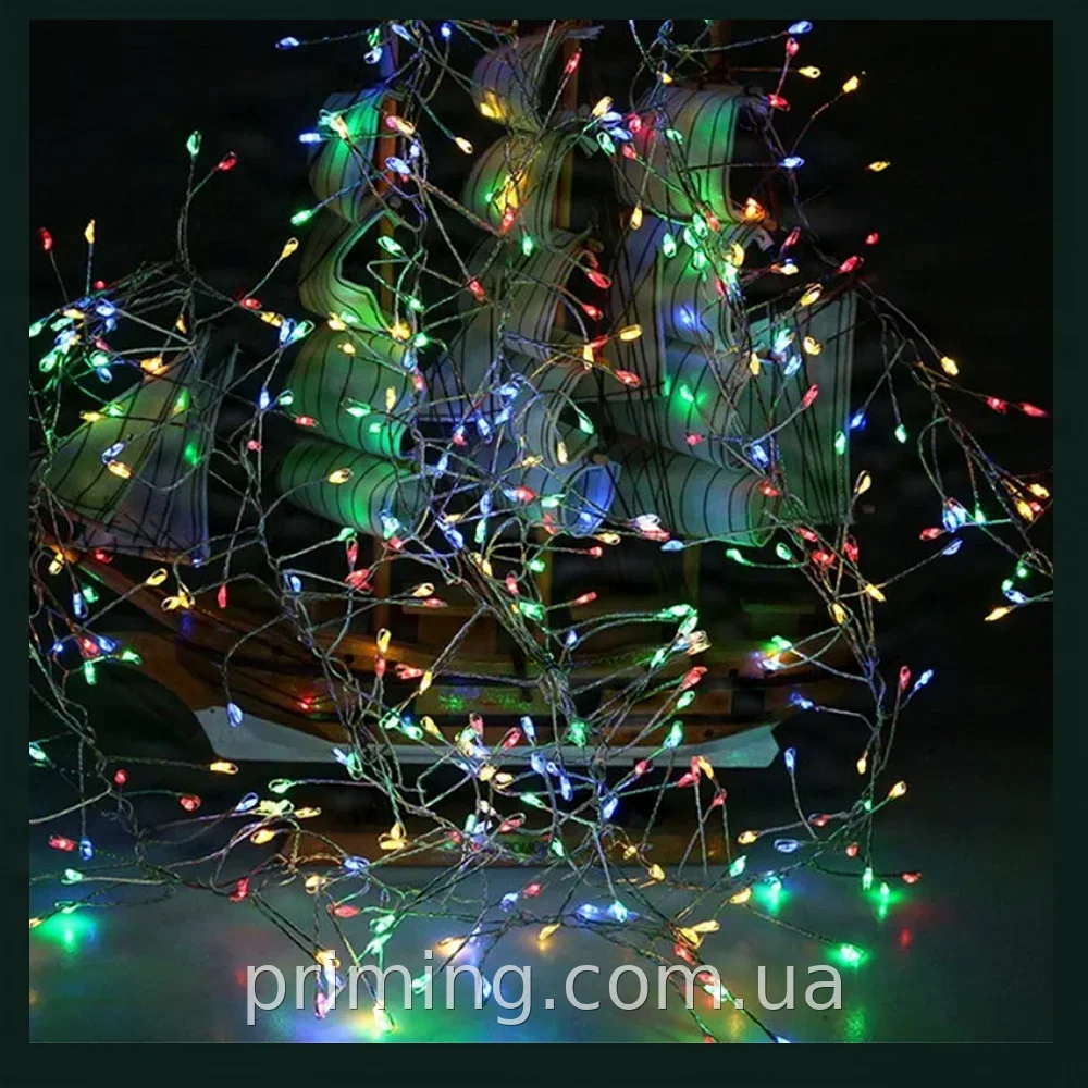 Гирлянда Роса фейерверк светодиодная сетевая 2000LED RGB на зелёном проводе с пультом для украшения ёлки и дома