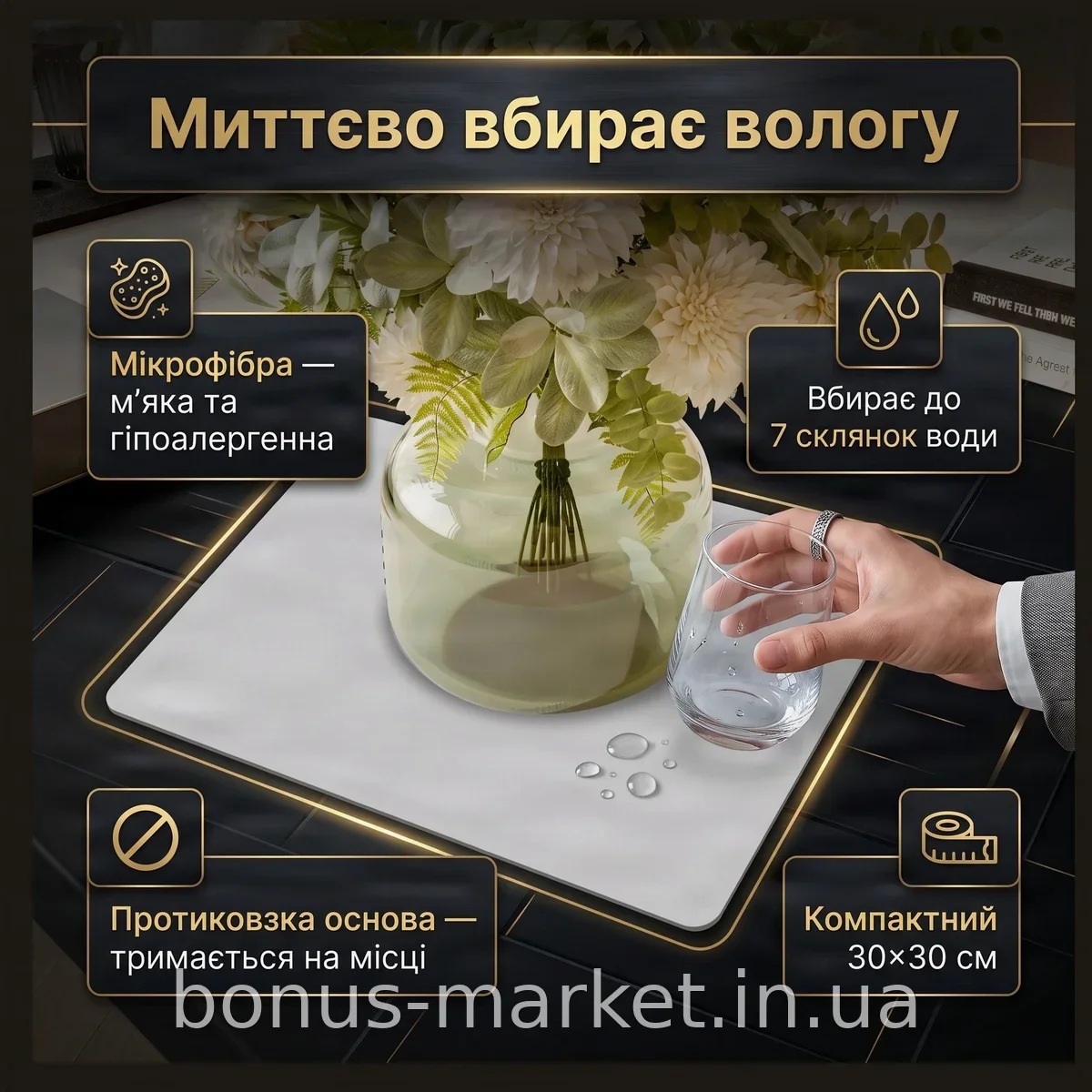 Впитывающий коврик для сушки посуды из микрофибры, нескользящий, 30×30 см AND 5210 - для кухни и раковины