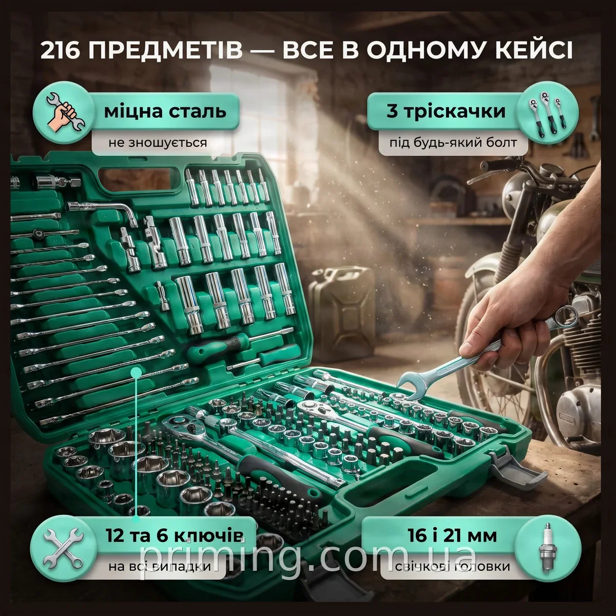 Набор инструментов 216 предметов с трещотками 1/4 3/8 1/2 в пластиковом кейсе из хромванадиевой стали