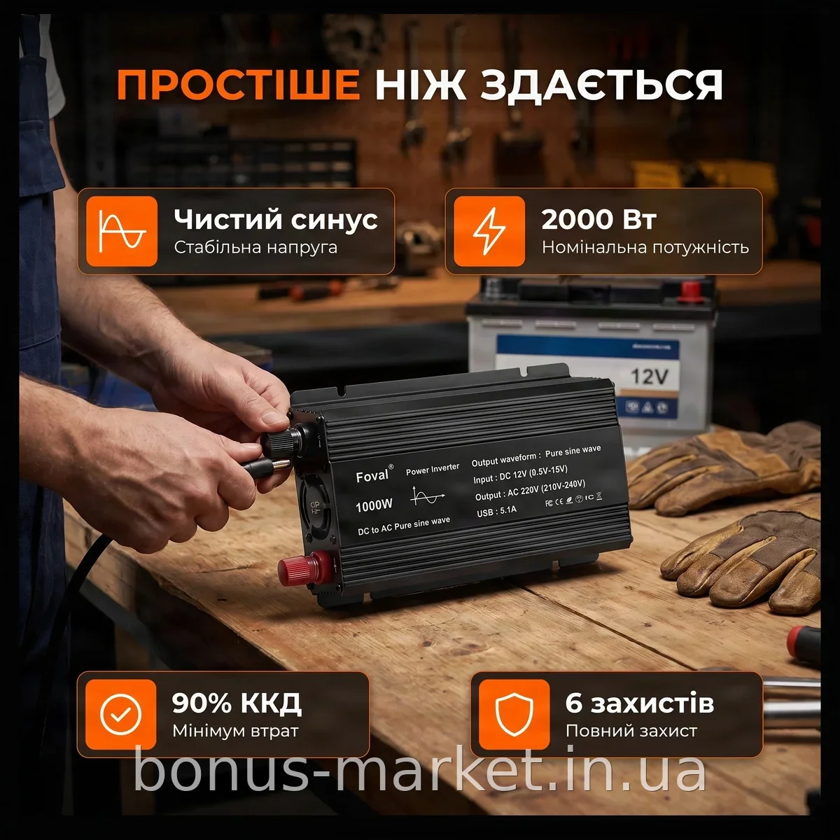 Инвертор напряжения 12V-220V 2000 Вт с чистой синусоидой, защитой от перегрузок и разряда аккумулятора