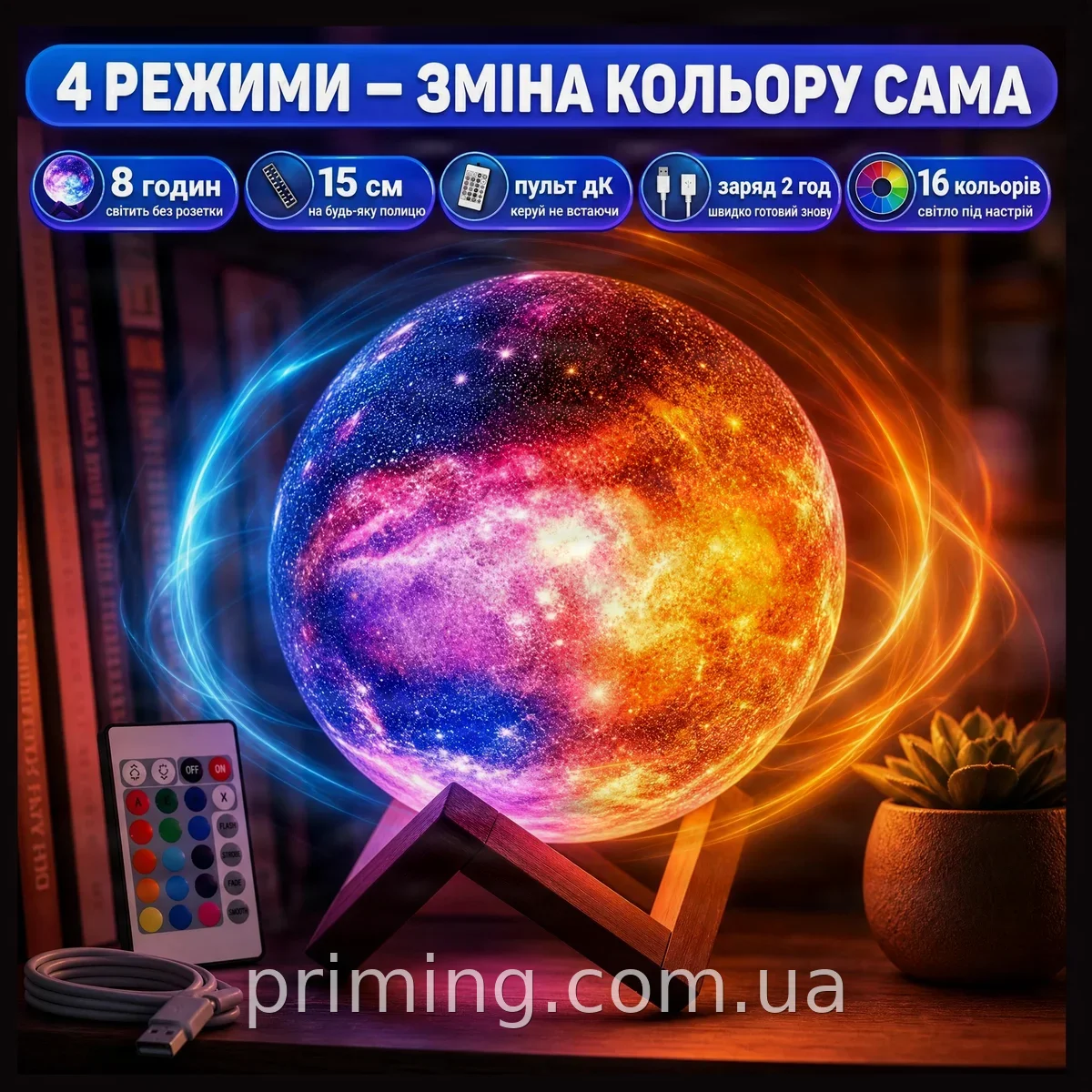 Акумуляторний 3D Moon Lamp нічник космос 15 см, світильник з пультом на 16 кольорів світіння для подарунка
