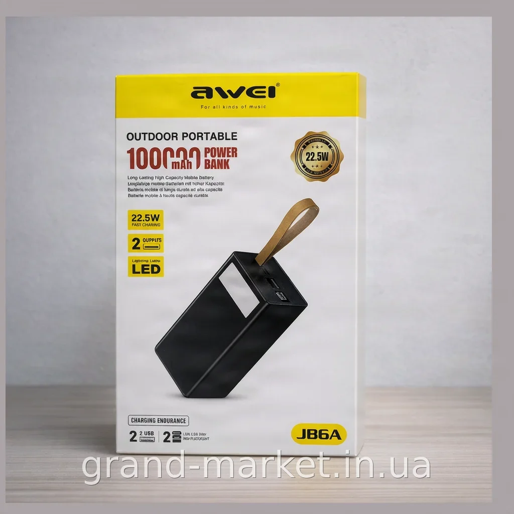 Повербанк Power Bank Awei J86A на 100000mAh, швидка зарядка 22.5W, з дисплеєм, ліхтариком та 3 портами