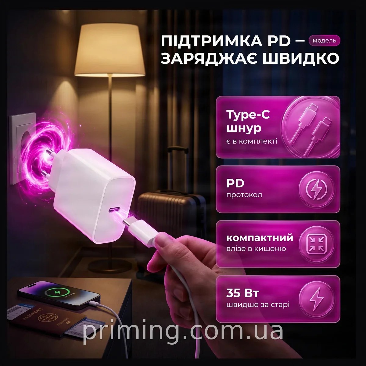 Сетевой зарядный адаптер 35W Type-C быстрая зарядка для iPhone и смартфонов, кабель Type-C в комплекте