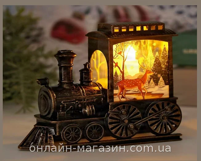 Новорічний декоративний світильник-паровоз з оленем AND 5689, пластик, коричневий