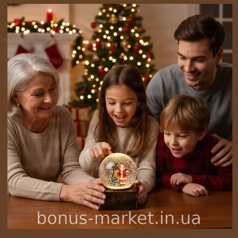 Снежный шар «Дед Мороз с ёлочкой» 12 см - музыкальный LED-ночник с мягкой подсветкой и эффектом снега