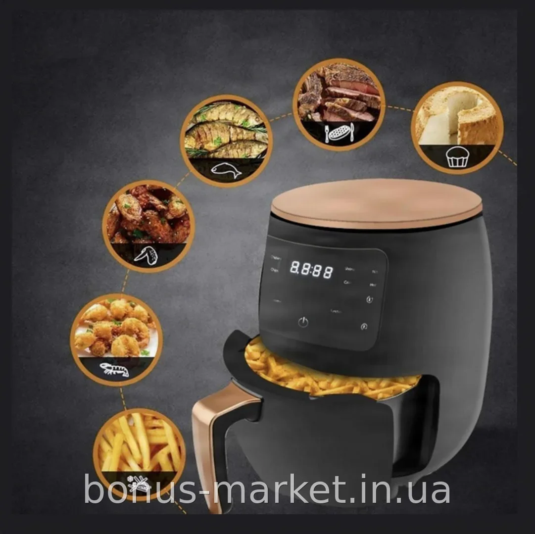 Аэрогриль-фритюрница Air Fryer 6 л, 2400 Вт, дисплей, 8 режимов для жарки без масла, таймер и автоотключение